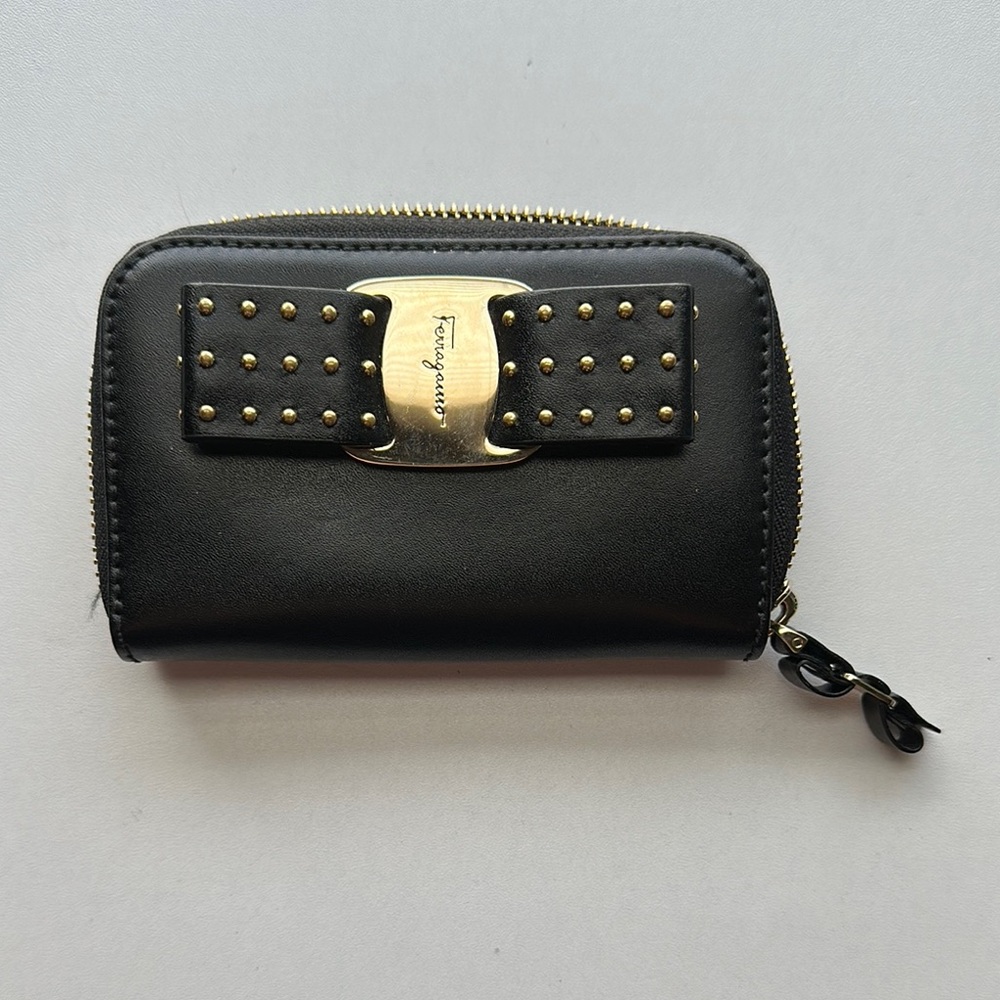 Salvatore Ferragamo Black Wallet with Gold Zipper